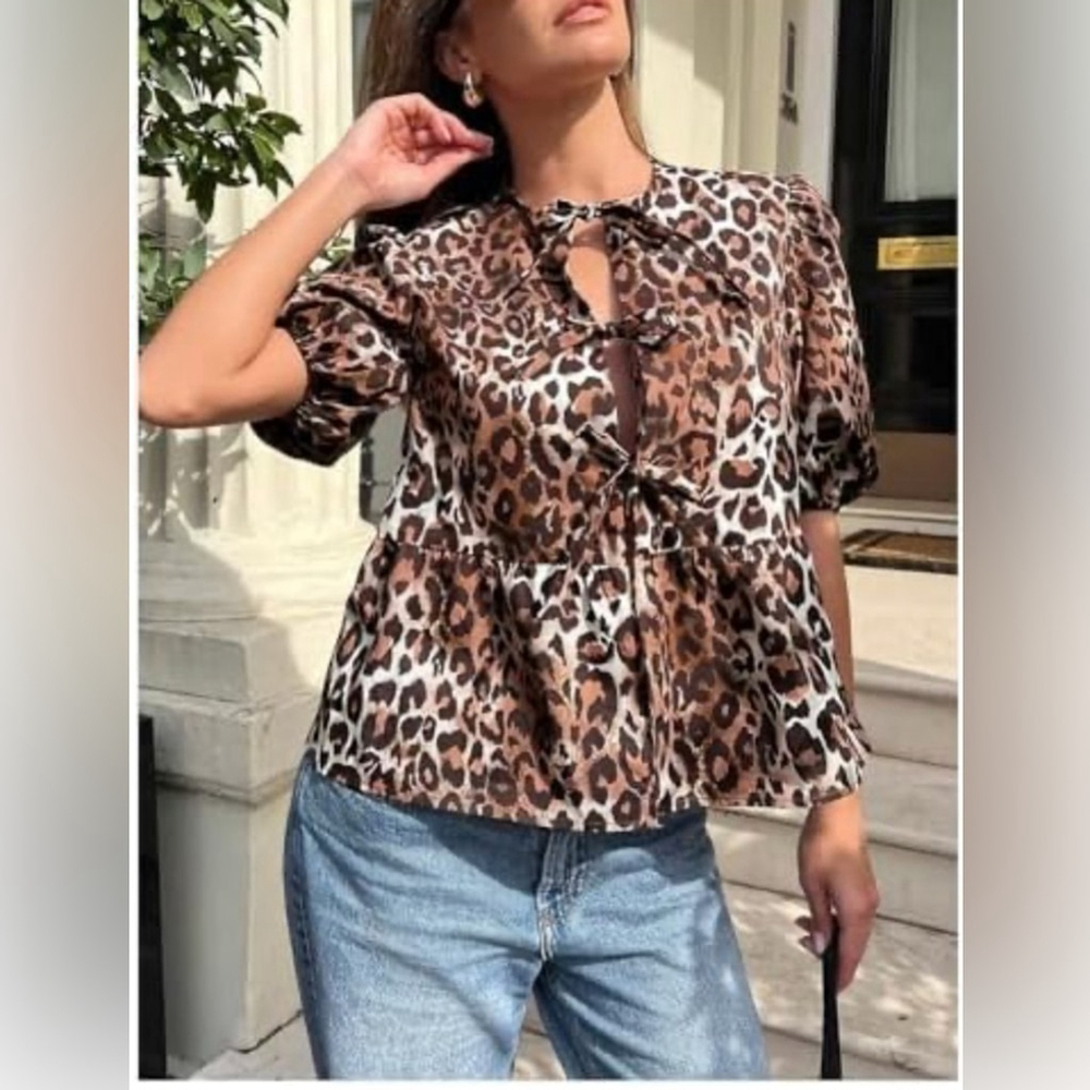 Leopard Print Women's Top animal print blouse ribbon